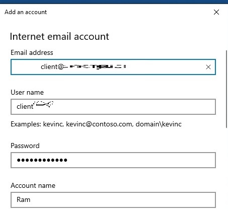 Adding Internet email account details