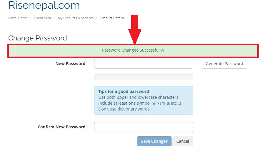 Password changed successfully message 
