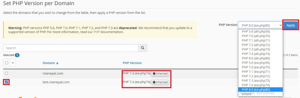 Selecting PHP version per Domain