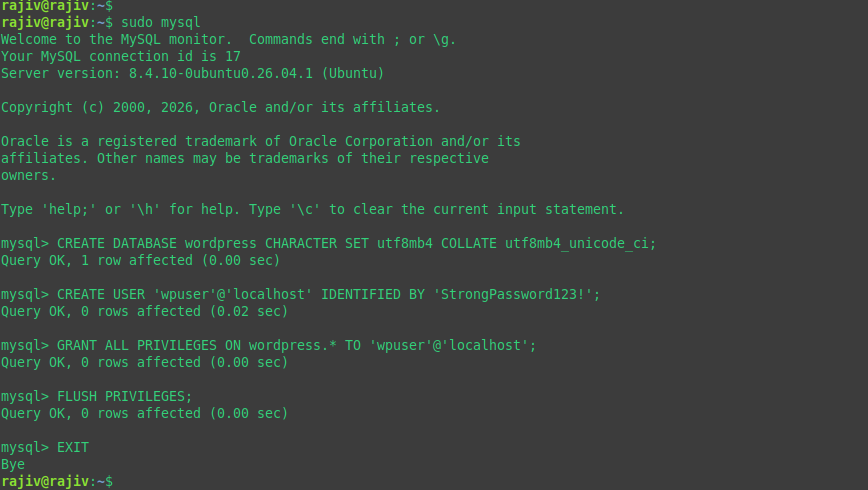 Effortlessly deploy a Production-Ready WordPress on Ubuntu 26.04 using LAMP Stack 13 Creating Database, Database User and granting it privileges