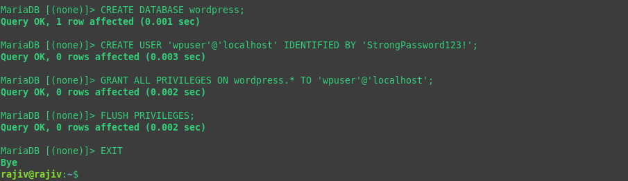 Successfully Install WordPress on Ubuntu 26.04 with Nginx 12 Creating Database, Database user and granting the privileges