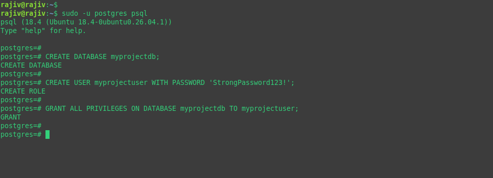 creating database, database_user and granting privileges