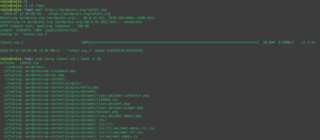 Effortlessly deploy a Production-Ready WordPress on Ubuntu 26.04 using LAMP Stack 20 Downloading and unzipping the wordpress