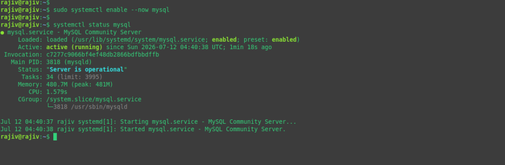 Effortlessly deploy a Production-Ready WordPress on Ubuntu 26.04 using LAMP Stack 11 Enabling the mysql-server, setting it up as auto-startup and checking its status