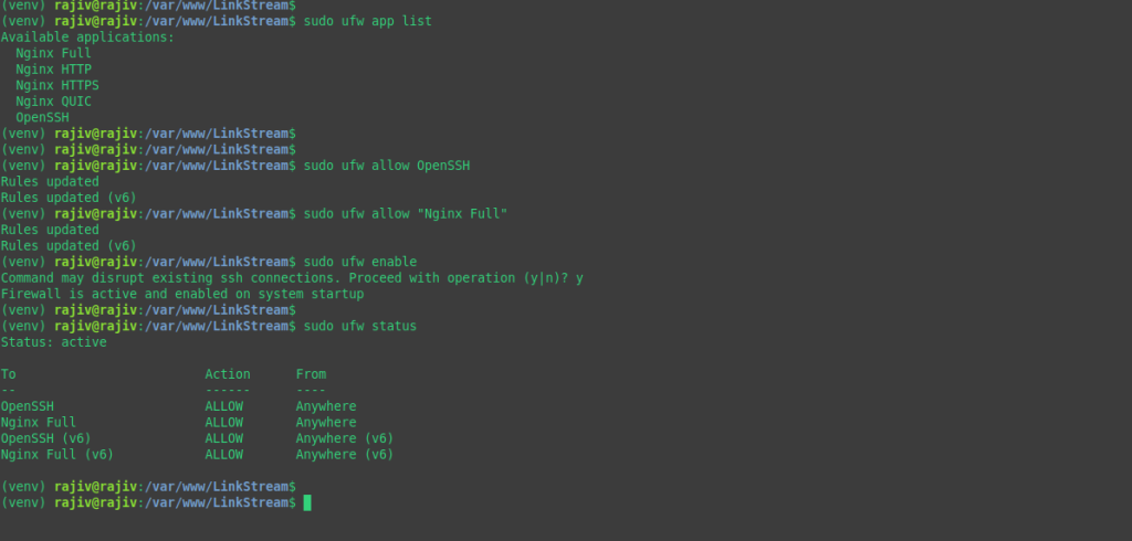 Allowing services through ufw firewall, enabling the firewall and viewing its status