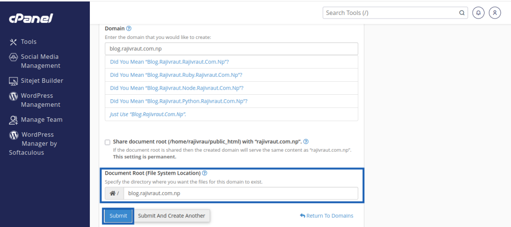 Complete Guide: Effortlessly Deploy a Node.js Application in cPanel 7 Document root selection for subdomain