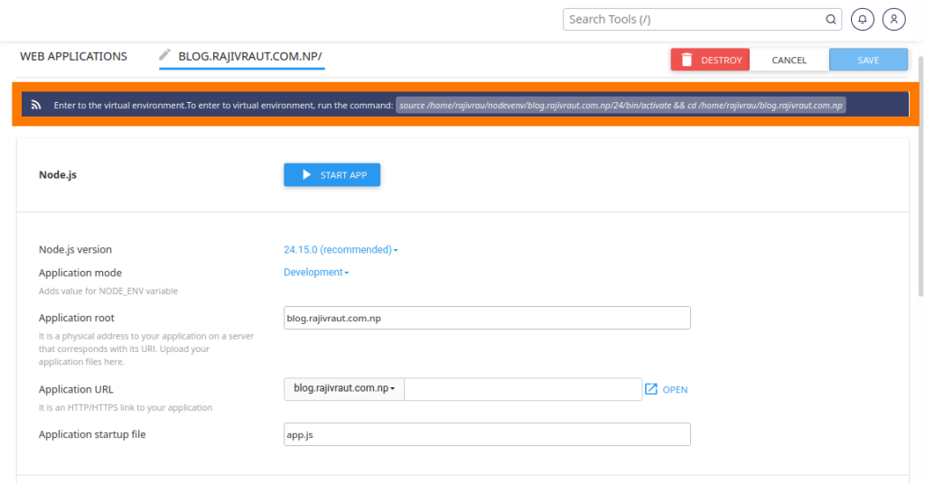 Complete Guide: Effortlessly Deploy a Node.js Application in cPanel 16 Virtual environment entry command for Node.js Application