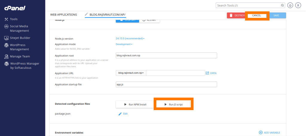 Complete Guide: Effortlessly Deploy a Node.js Application in cPanel 18 Setting the JS Script for the Node.js Web Application