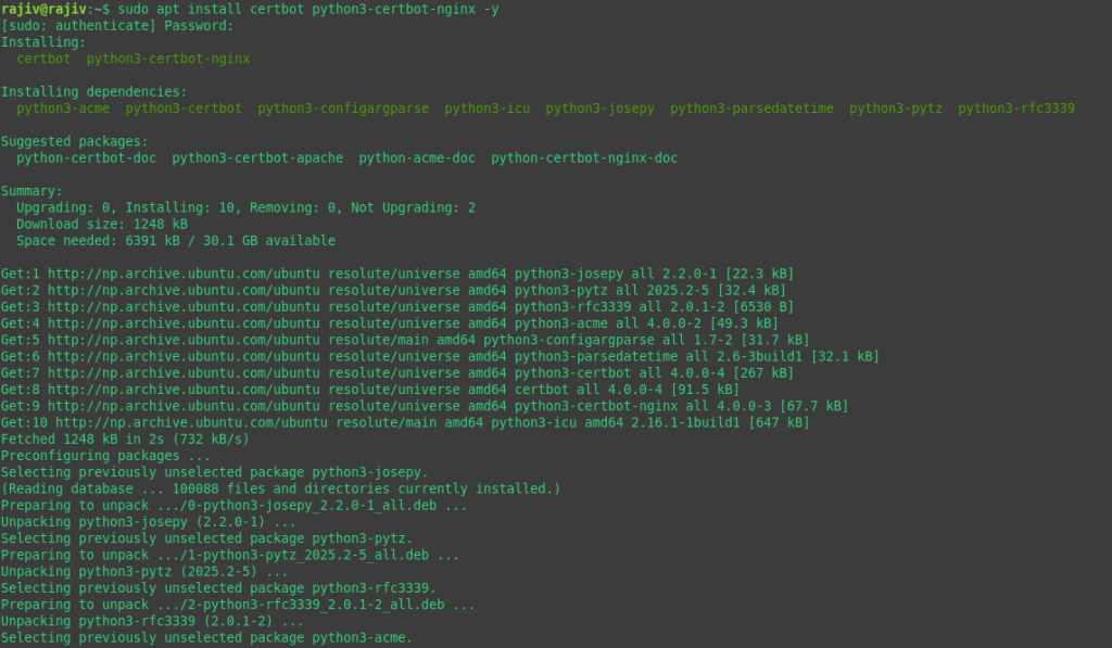 Successfully Install WordPress on Ubuntu 26.04 with Nginx 33 Installing certbot and its nginx plugin