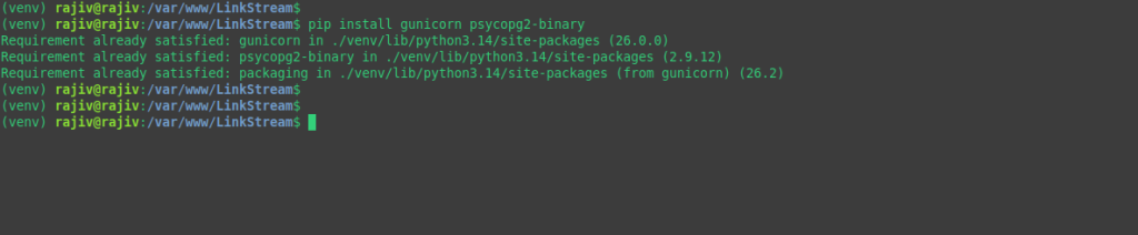 Installing gunicorn and pysopg2-binary packages
