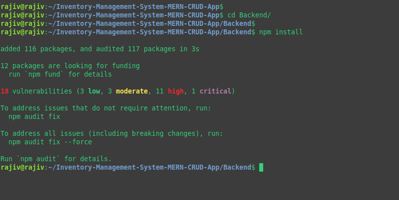 Seamlessly Deploy a MERN Application on Ubuntu with Nginx, PM2, MongoDB, and SSL 23 Moving into backend directory and installing the required backend packages