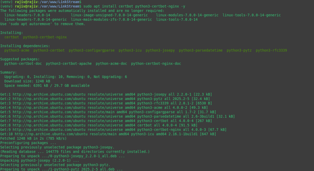 Installing the certbot package for SSL