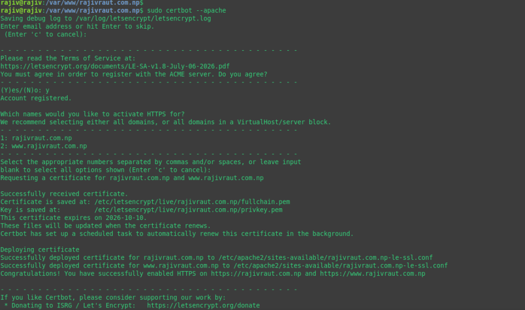 Effortlessly deploy a Production-Ready WordPress on Ubuntu 26.04 using LAMP Stack 35 Obtaining LetsEncrypt SSL certificates through certbot
