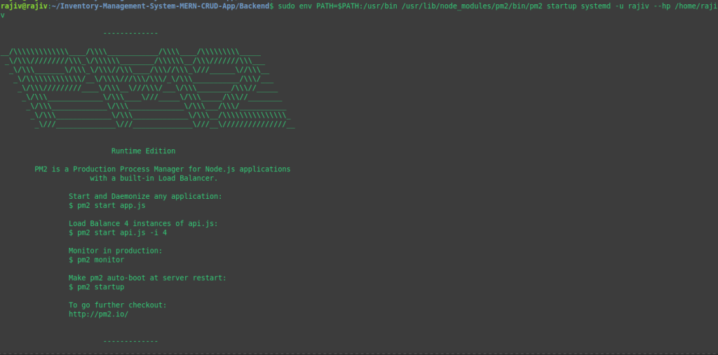 Seamlessly Deploy a MERN Application on Ubuntu with Nginx, PM2, MongoDB, and SSL 27 Executing the command displayed by pm2
