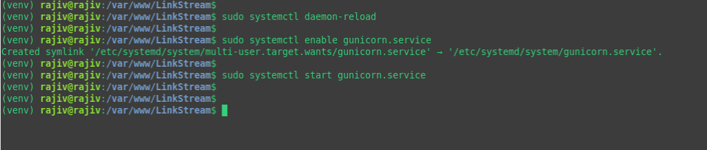 reloading the systemd daemon, enabling and starting the gunicorn service