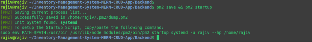 Seamlessly Deploy a MERN Application on Ubuntu with Nginx, PM2, MongoDB, and SSL 26 Saving the pm2 process and setting it as startup