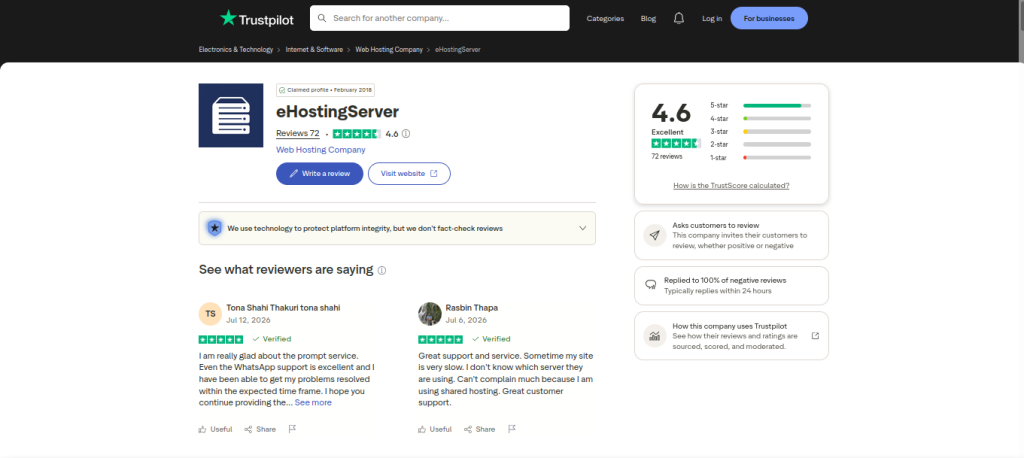 trustpilot review on ehostingserver service
