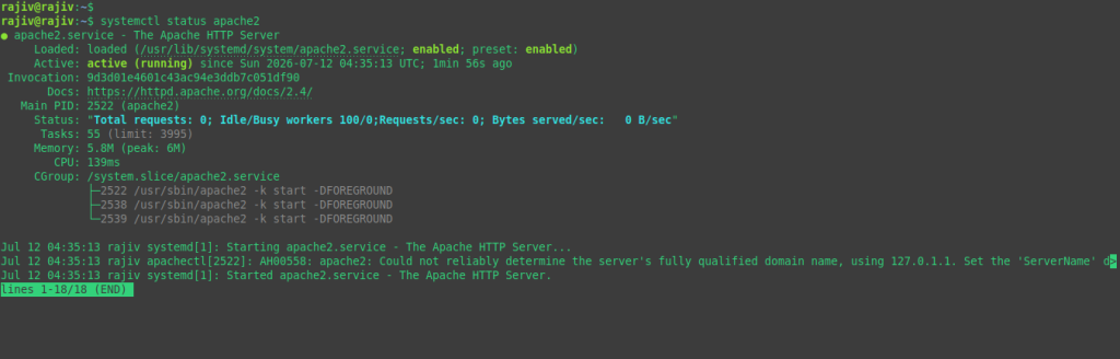 Effortlessly deploy a Production-Ready WordPress on Ubuntu 26.04 using LAMP Stack 8 verifying the apache2 status