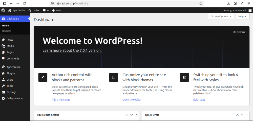 Effortlessly deploy a Production-Ready WordPress on Ubuntu 26.04 using LAMP Stack 41 wordpress admin dashboard